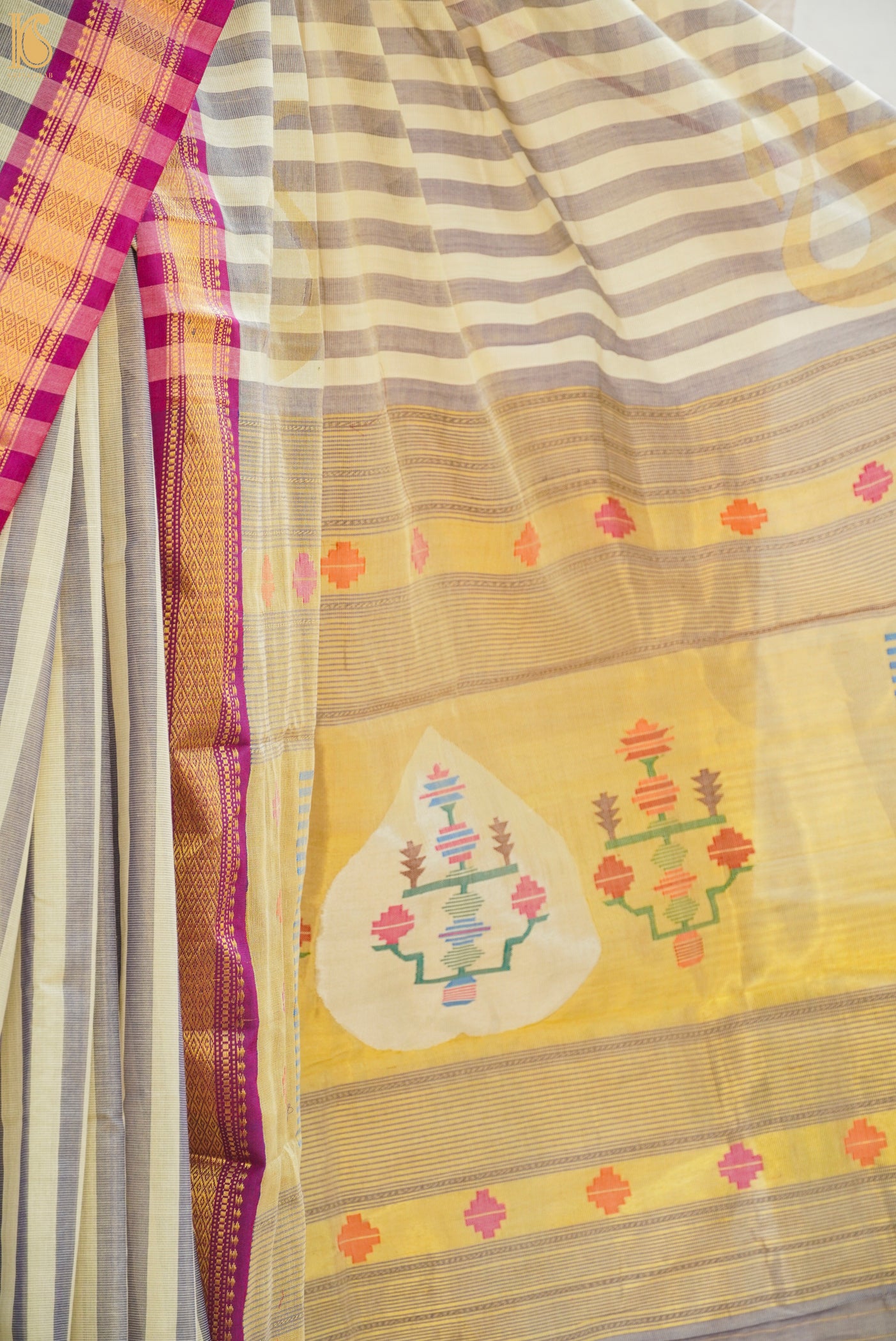 Pearl White &amp; Blue Pure Cotton Handwoven Paithani Stripes Saree - Khinkhwab