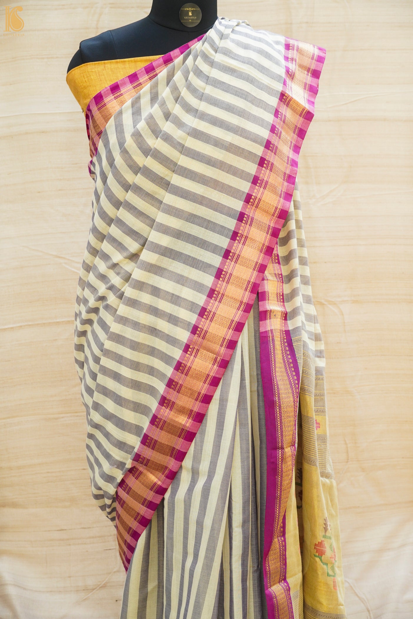 Pearl White &amp; Blue Pure Cotton Handwoven Paithani Stripes Saree - Khinkhwab