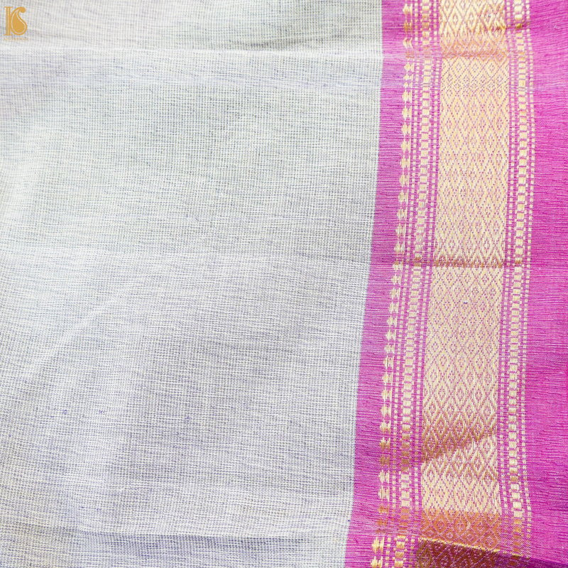 Pearl White & Blue Pure Cotton Handwoven Paithani Stripes Saree - Khinkhwab