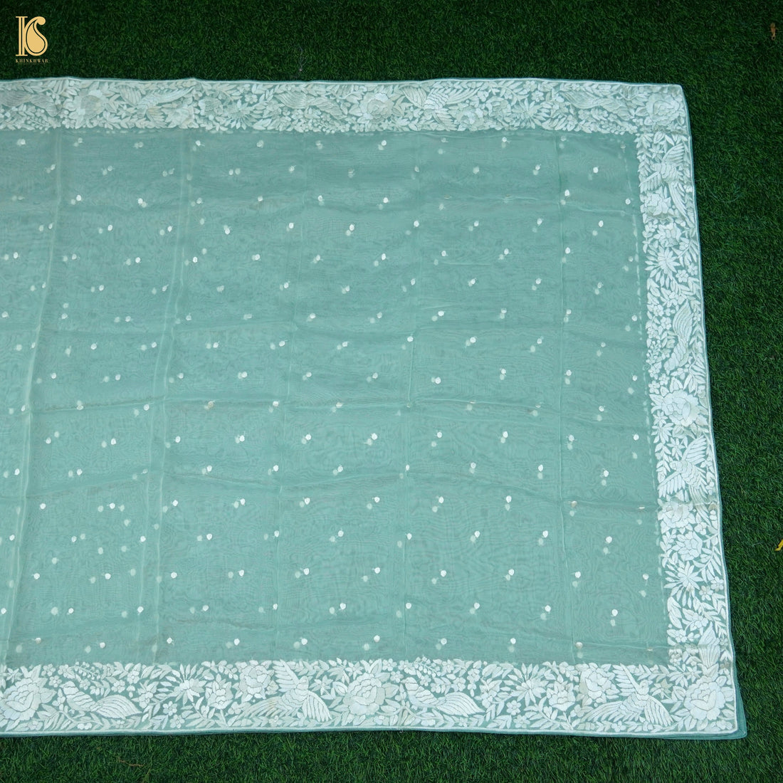 Green Handcrafted Parsi Gara Pure Organza Dupatta - Khinkhwab