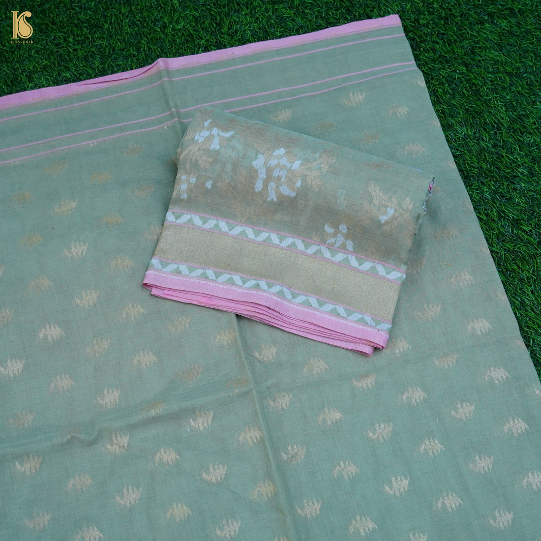 Juniper Green Handloom Pure Cotton Banarasi Jamdani Ektara Suit Fabric Set - Khinkhwab