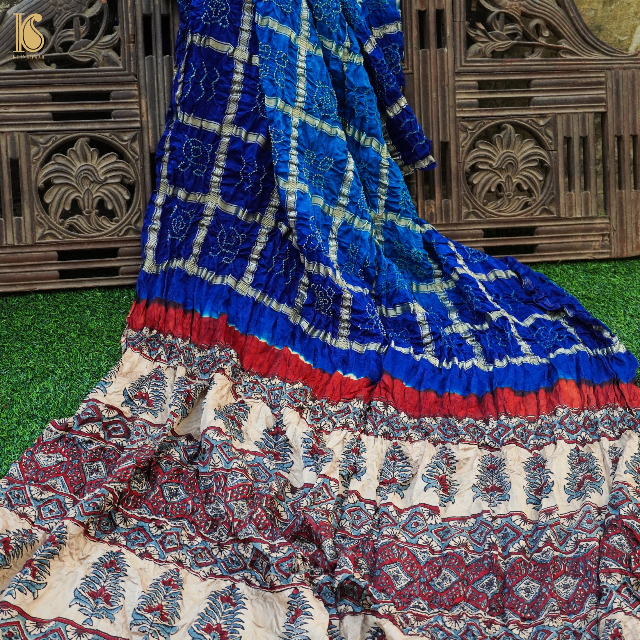 Green Gajji Silk Hand Block Printed Gharchola Bandhani Saree Set Design by  Geroo Jaipur at Pernia's Pop Up Shop 2024