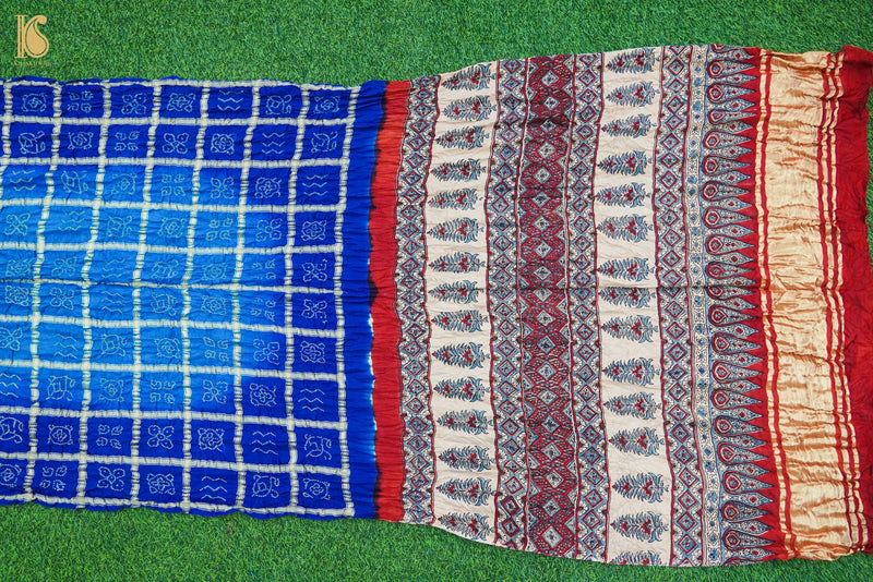 Smalt Blue Gajji Silk Gharchola Handwoven Bandhani & Ajrakh Saree - Khinkhwab