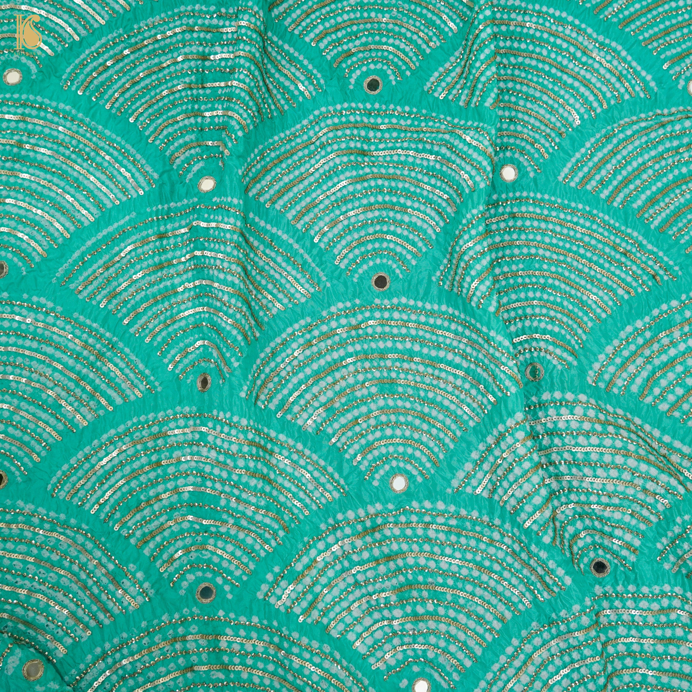 Sea Green Pure Gajji Handloom Bandhani Fabric with Sequence Work - Khinkhwab