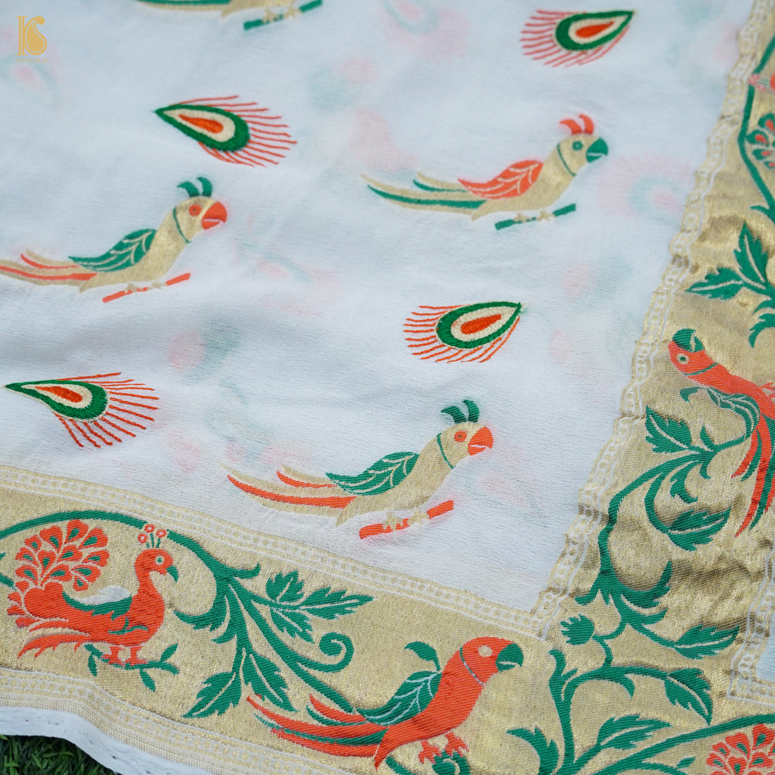 Handloom Banarasi Georgette Meenakari Parrot Dupatta with Resham Embroidery - Khinkhwab