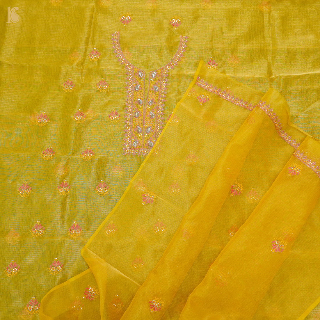 Galliano Yellow Chikankari Pure Handloom Kota Silk Silk Suit Set - Khinkhwab