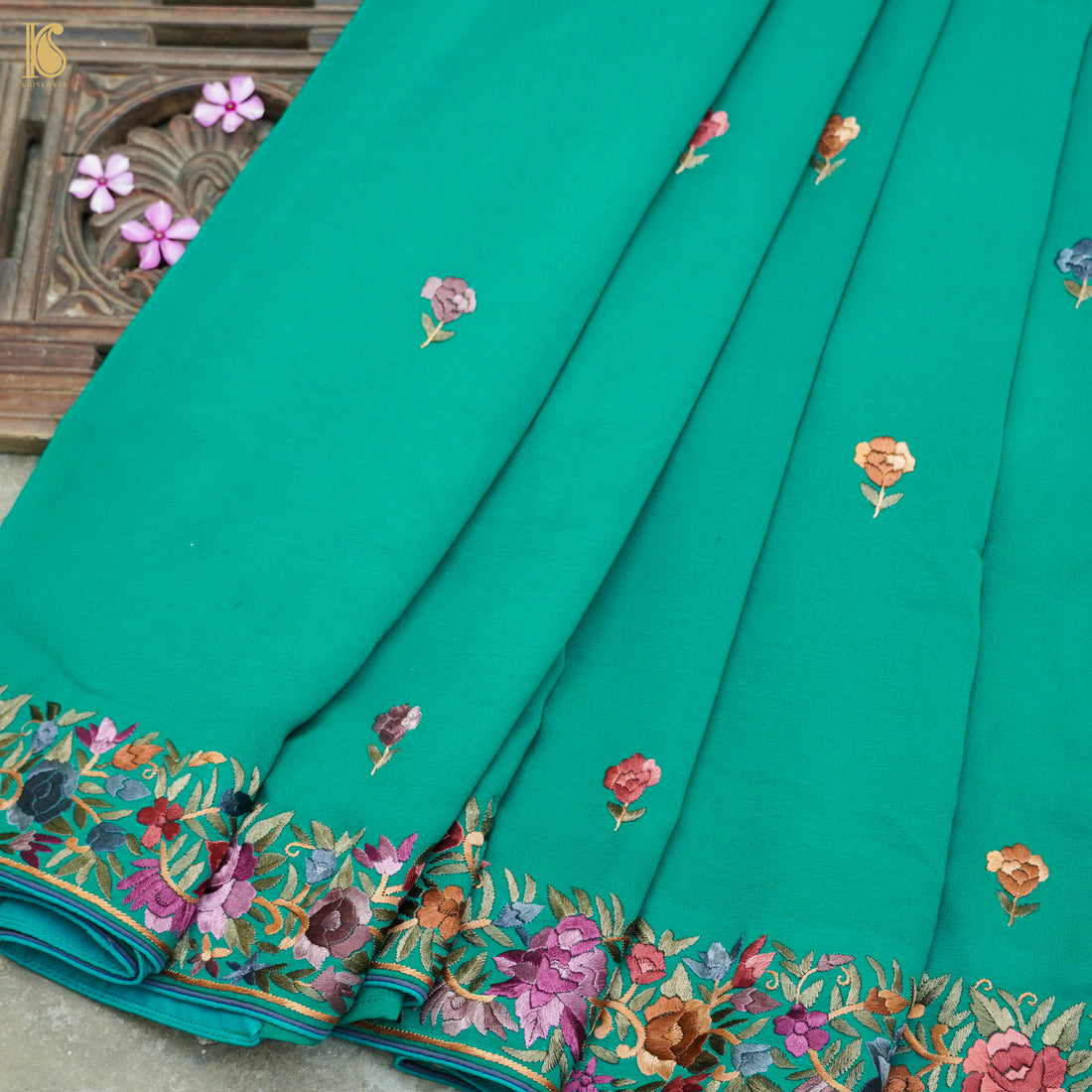 Persian Green Handcrafted Parsi Gara Pure Georgette Saree - Khinkhwab