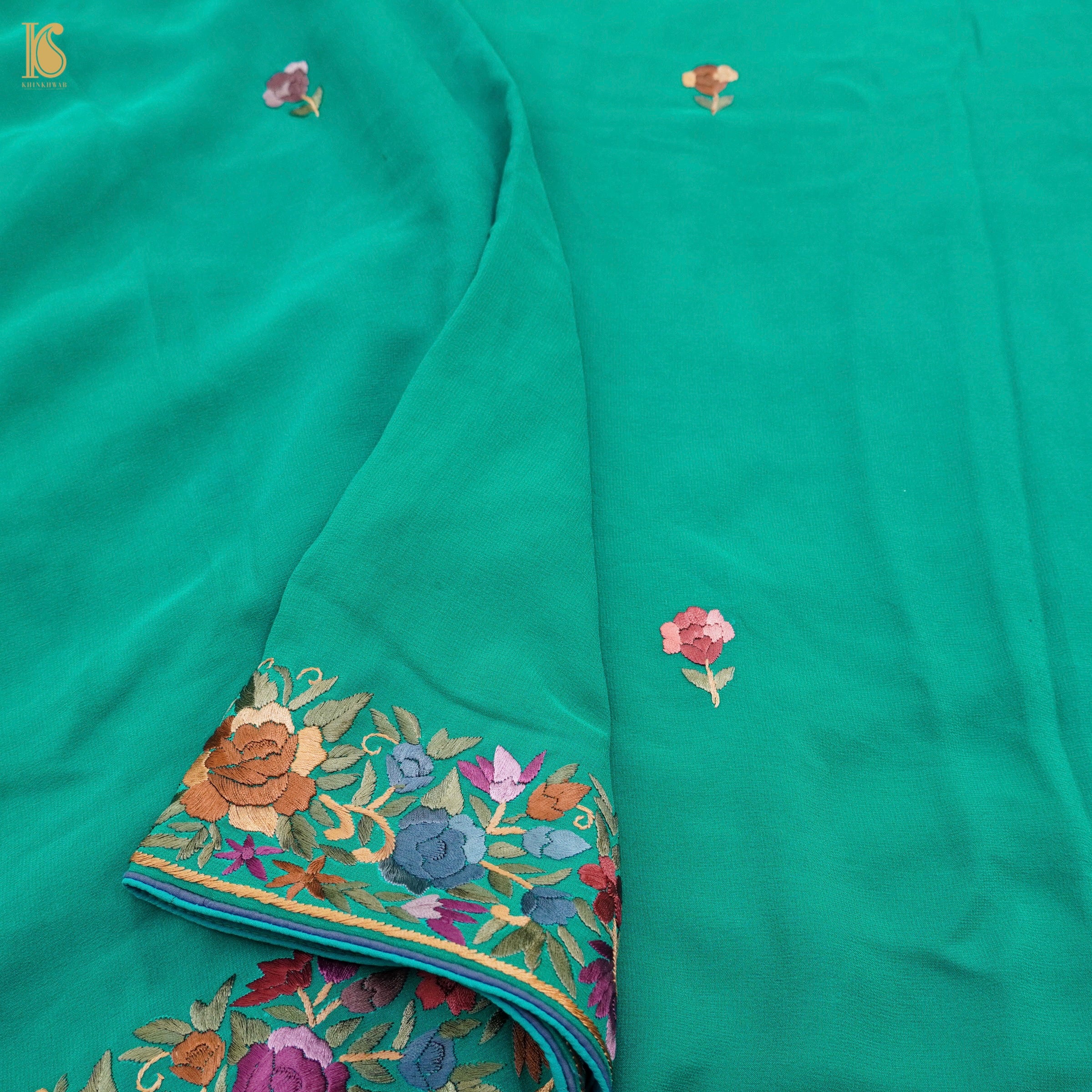 Persian Green Handcrafted Parsi Gara Pure Georgette Saree - Khinkhwab