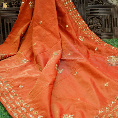 Chilean Fire Orange Pure Tissue Silk Embroidery Dupatta - Khinkhwab
