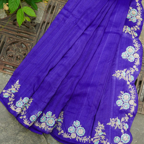 Blue Handloom Pure Tussar Silk Resham Embroidery Saree - Khinkhwab