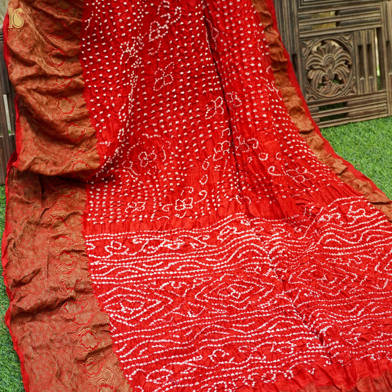 Red Pure Linen Bandhani Handloom Banarasi Saree - Khinkhwab