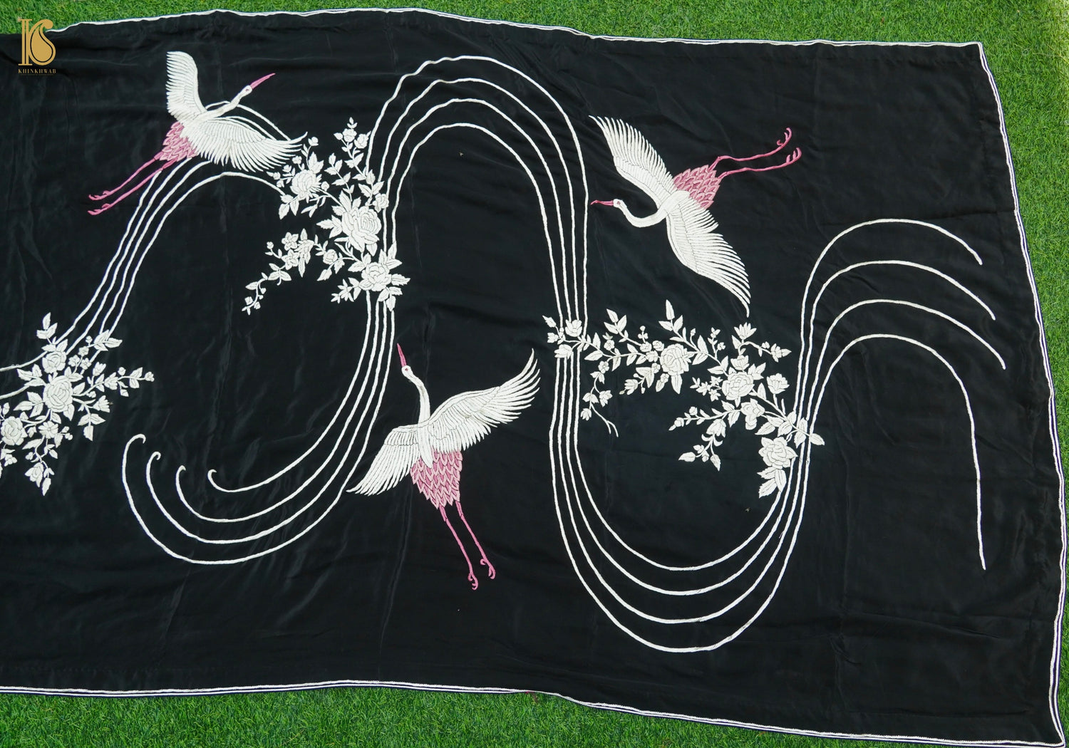 Black Handcrafted Parsi  Gara Pure Crepe Flying Swan Saree - Khinkhwab