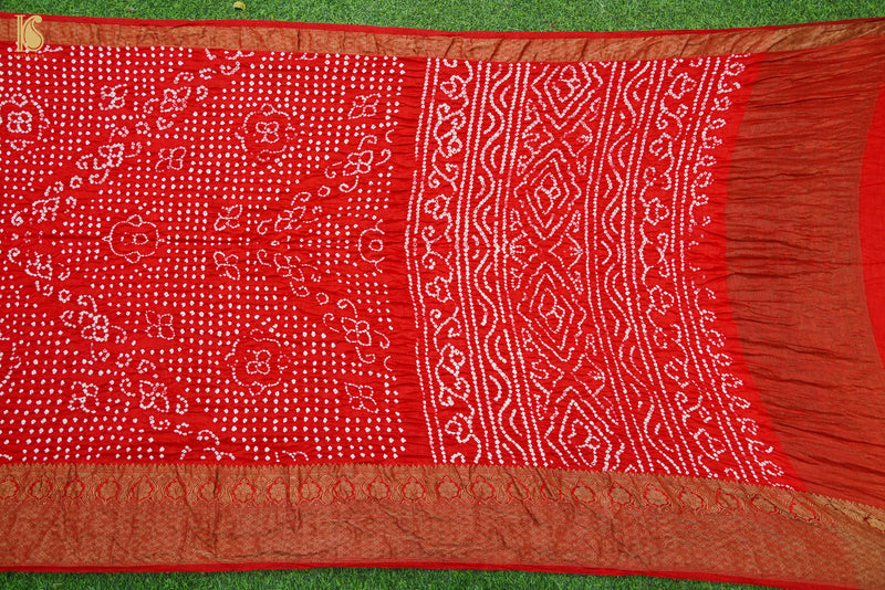 Red Pure Linen Bandhani Handloom Banarasi Saree - Khinkhwab