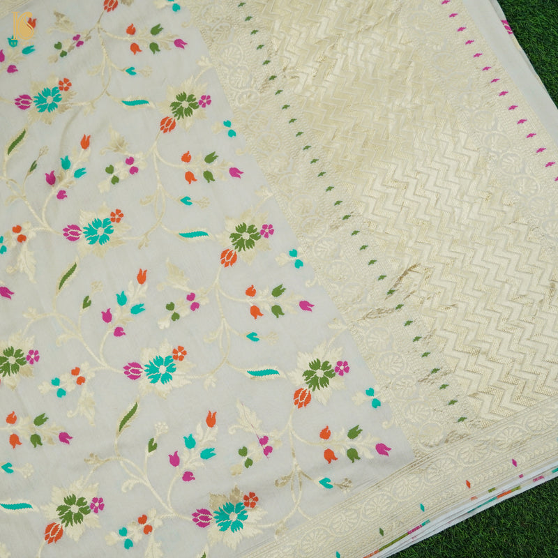 Preorder : Off White Pure Moonga Silk Banarasi Meenakari Saree - Khinkhwab