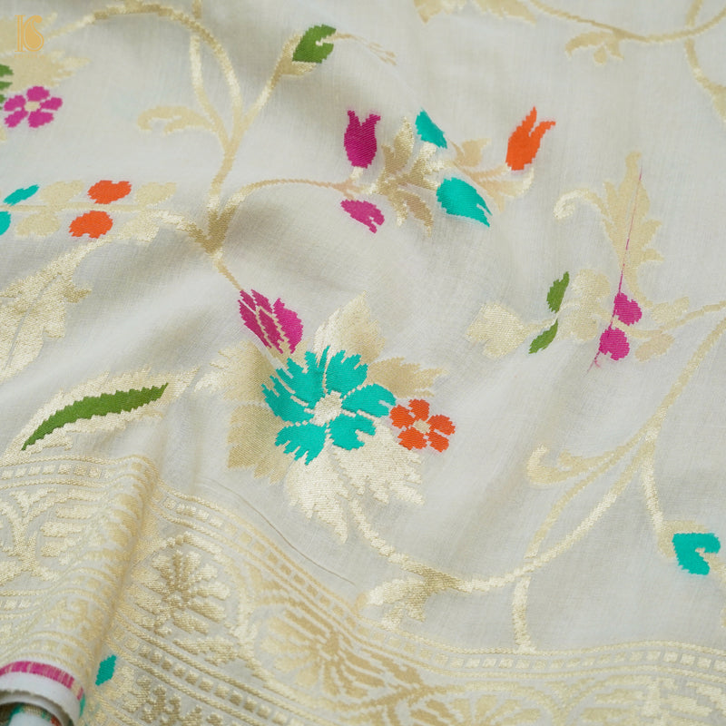 Preorder : Off White Pure Moonga Silk Banarasi Meenakari Saree - Khinkhwab