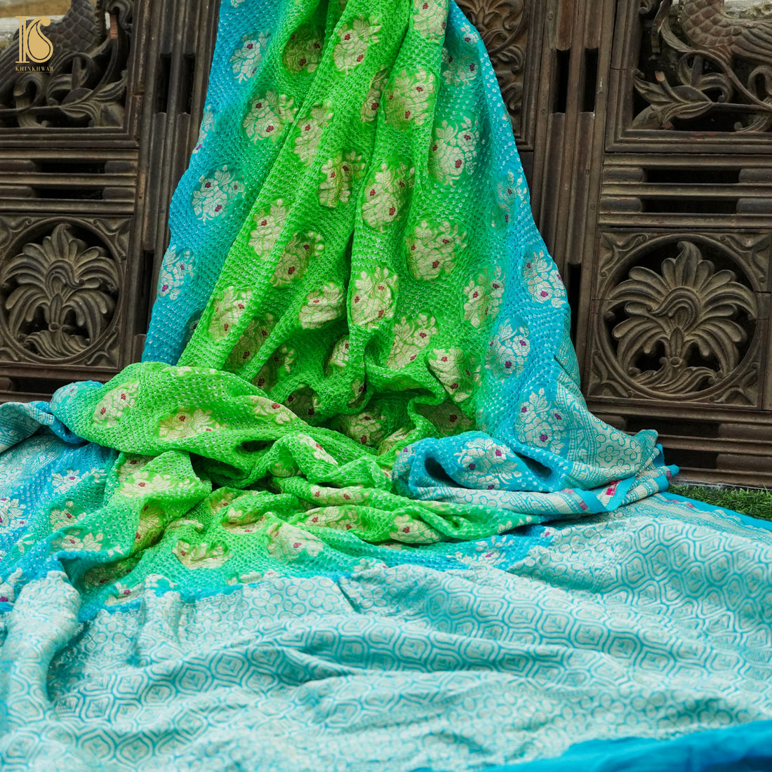 Lime Green Pure Georgette Handloom Banarasi Bandhani Saree - Khinkhwab