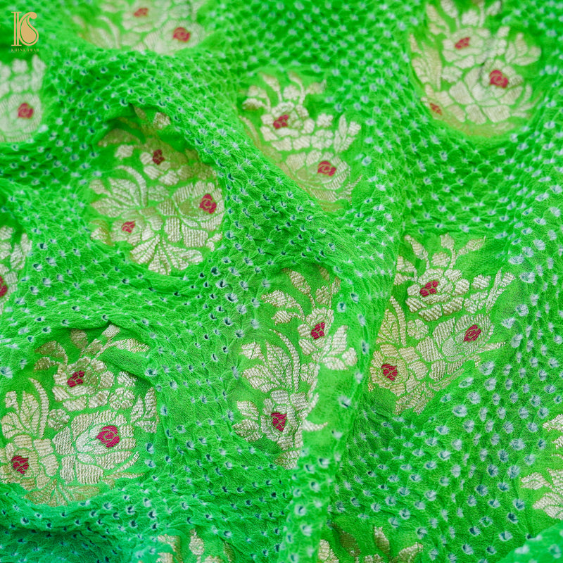 Lime Green Pure Georgette Handloom Banarasi Bandhani Saree - Khinkhwab