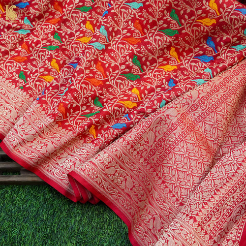 Red Handloom Katan Silk Banarasi Birds Saree - Khinkhwab