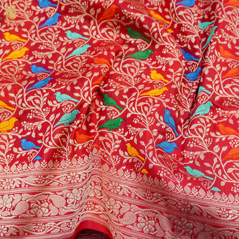 Red Handloom Katan Silk Banarasi Birds Saree - Khinkhwab