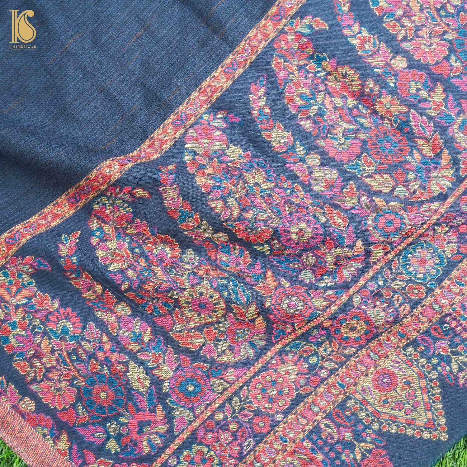 Midnight Blue Semi Pashmina Handwoven  Kani Weave Kashmiri Stole - Khinkhwab