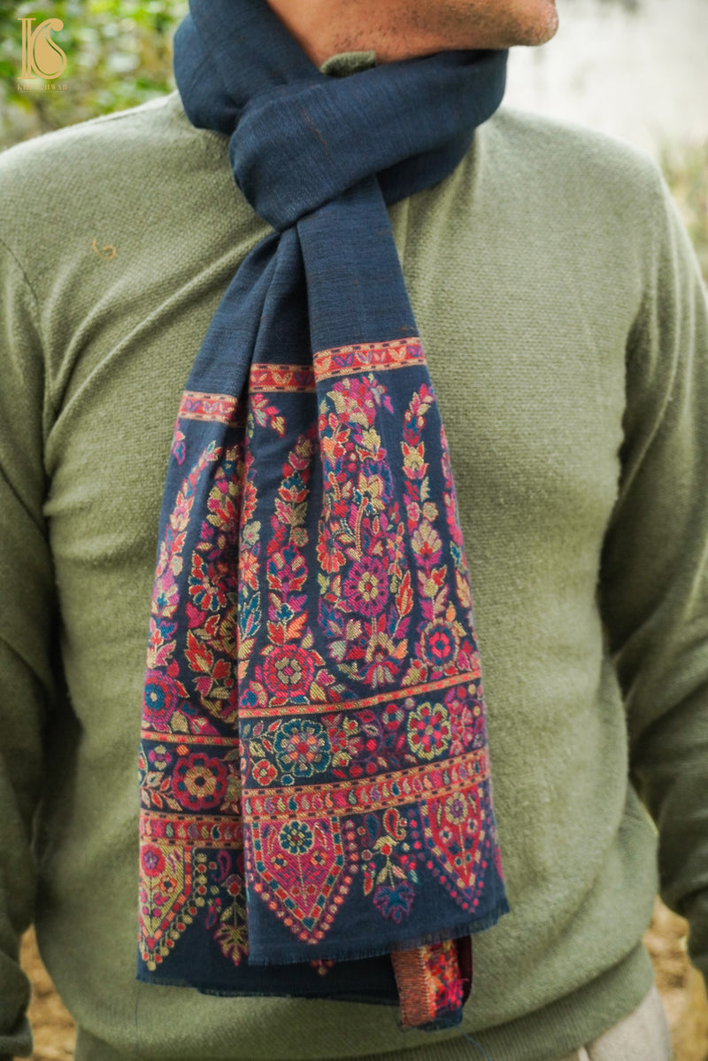 Midnight Blue Semi Pashmina Handwoven  Kani Weave Kashmiri Stole - Khinkhwab
