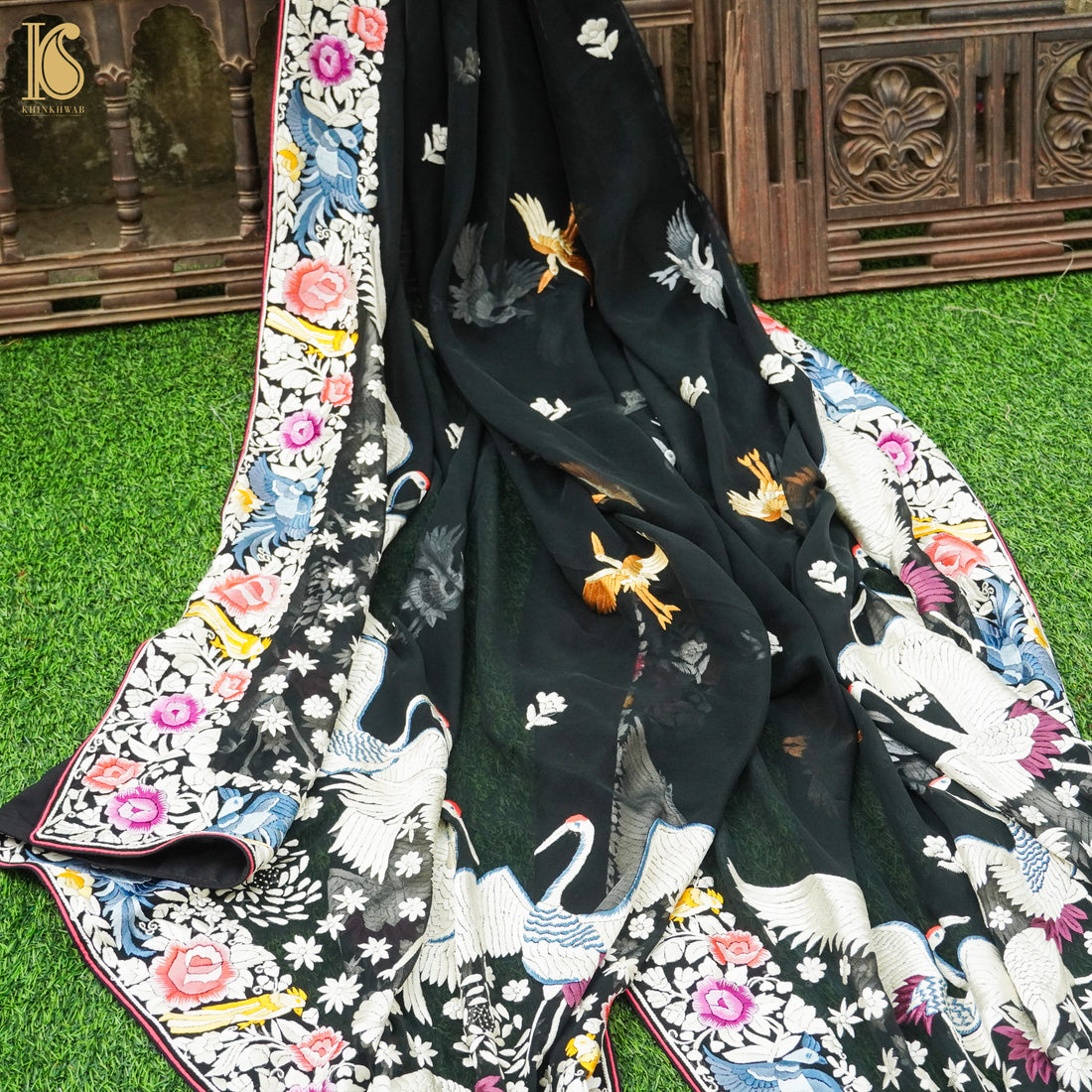 Black Handcrafted Parsi Gara Pure Georgette Swan Dupatta - Khinkhwab