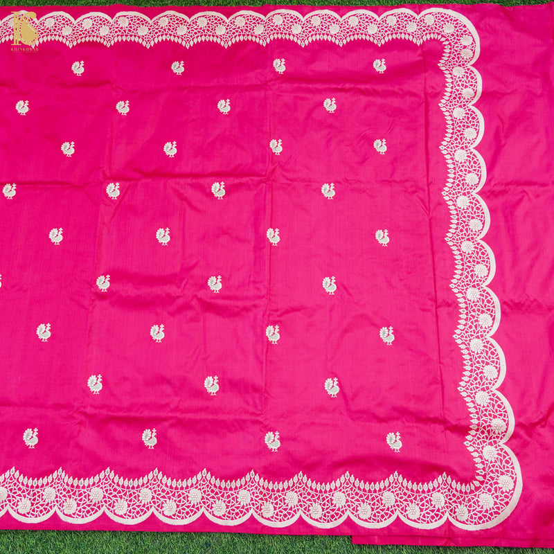 Ruby Pink Handloom Katan Silk Banarasi Shikargah Scallop Saree - Khinkhwab