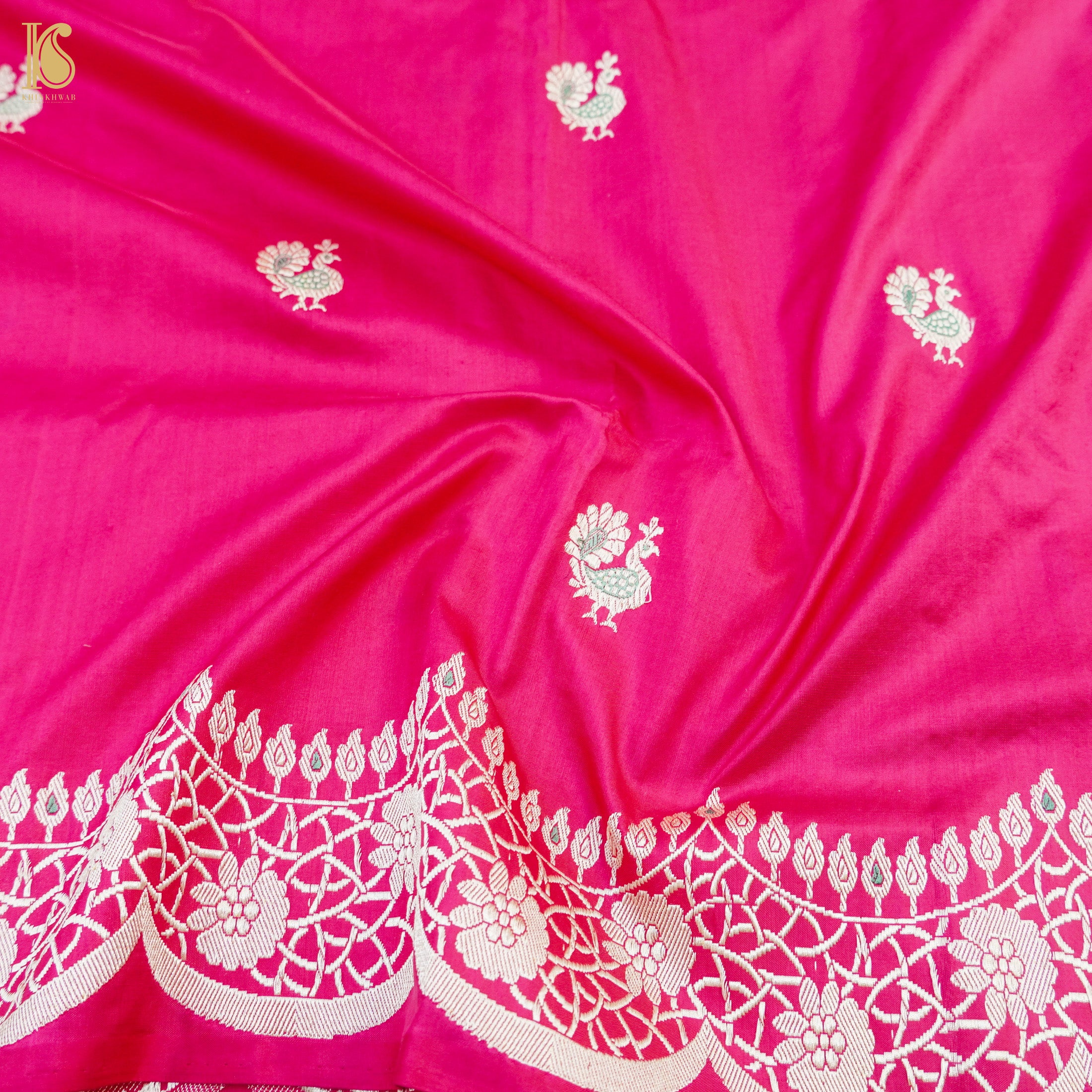 Ruby Pink Handloom Katan Silk Banarasi Shikargah Scallop Saree - Khinkhwab