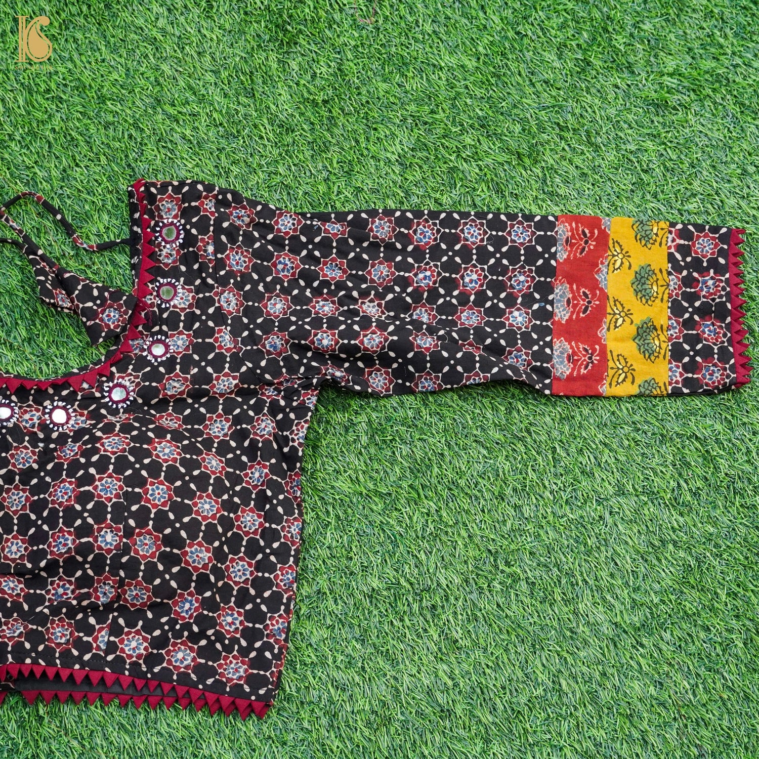 Black Ajrakh &amp; Mirror Pure Cotton Stitched Blouse - Khinkhwab