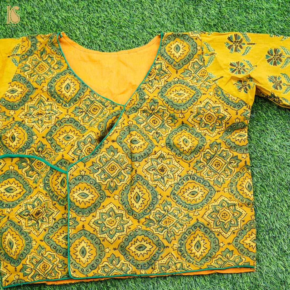 Sunglow Yellow Ajrakh Pure Cotton Stitched Blouse - Khinkhwab