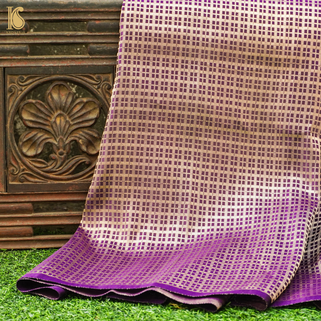 Vivid Violet Handwoven Pure Satin Silk Banarasi Fabric - Khinkhwab