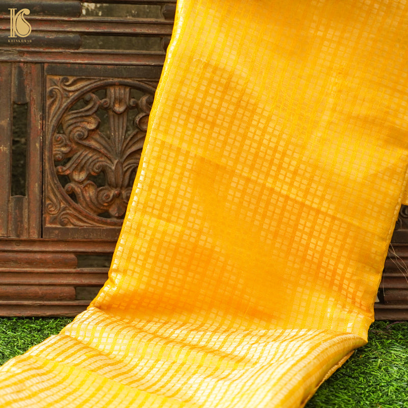 Moon Yellow Handwoven Pure Satin Silk Banarasi Fabric - Khinkhwab