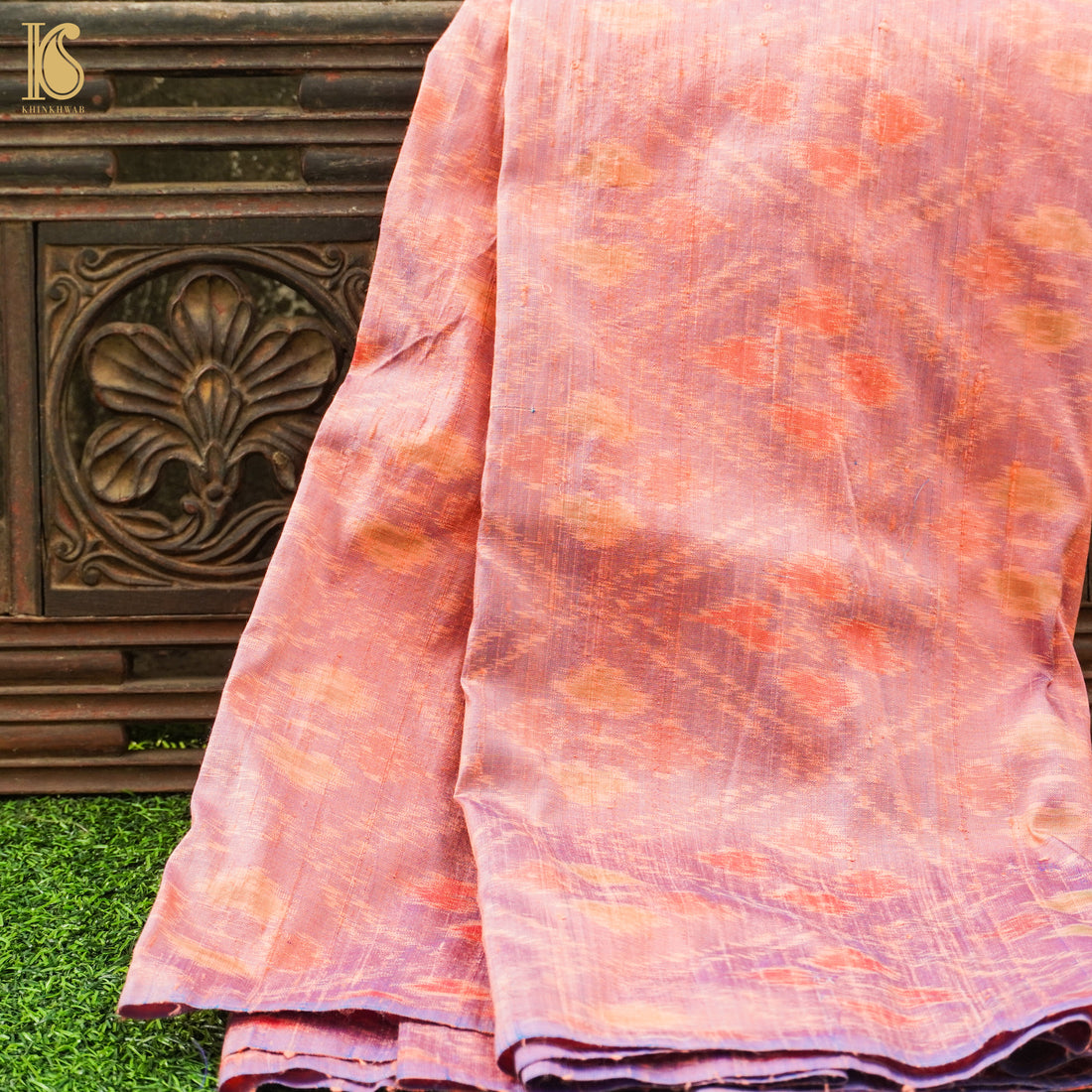 Rose Bud Pink Pure Raw Silk Banarasi Ikat Fabric - Khinkhwab