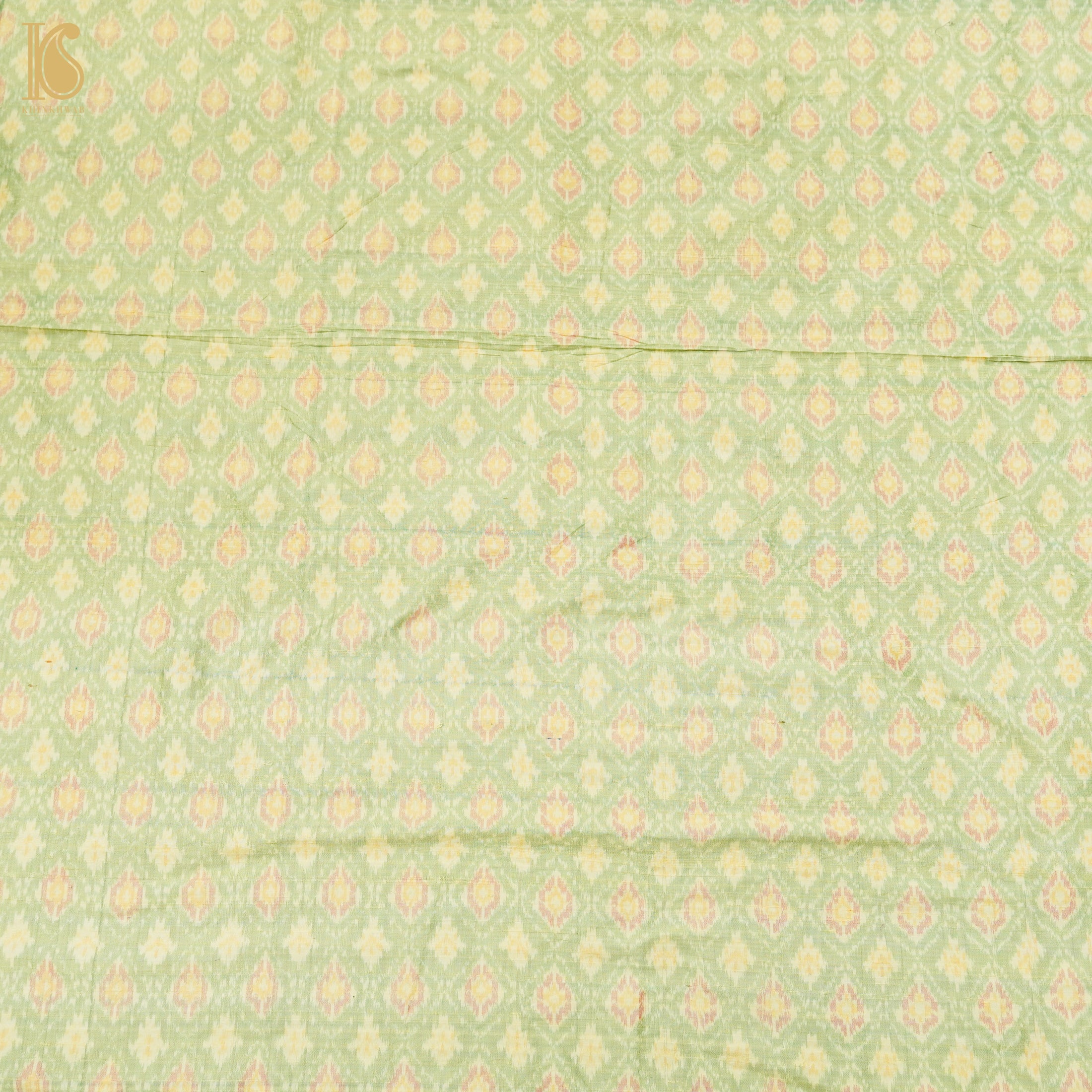Primrose Green Pure Raw Silk Banarasi Ikat Fabric - Khinkhwab