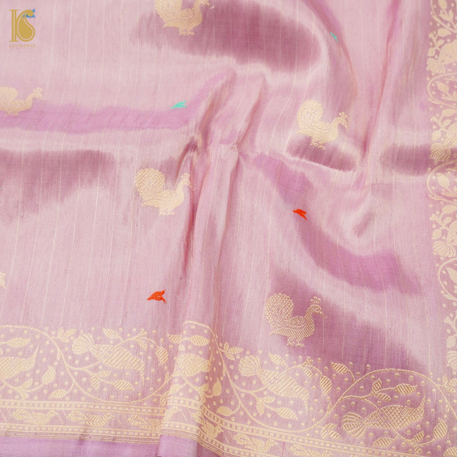 Kobi Pink Handloom Pure Tissue White Banarasi Bird Saree - Khinkhwab