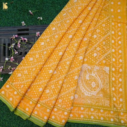 Yellow Pure Cotton Handloom Banarasi Jamdani Ektara Saree - Khinkhwab