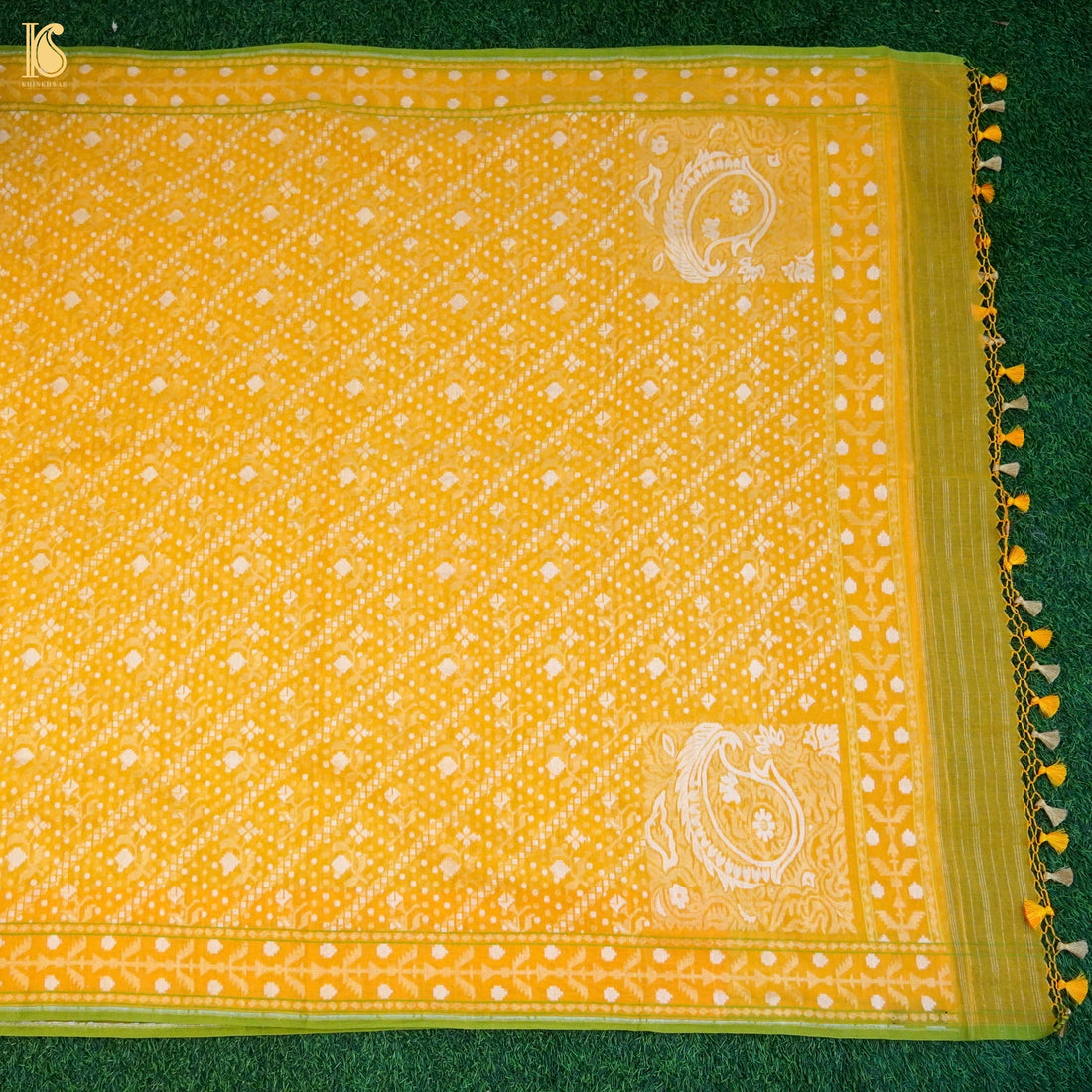 Yellow Pure Cotton Handloom Banarasi Jamdani Ektara Saree - Khinkhwab