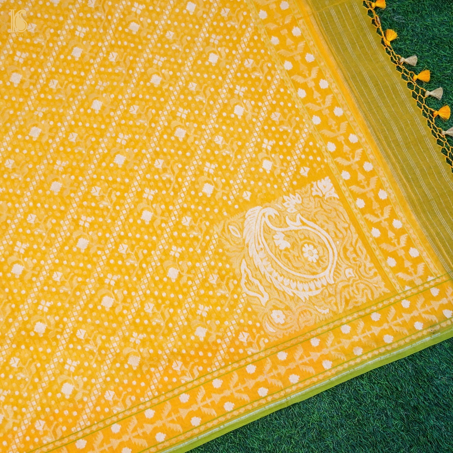 Yellow Pure Cotton Handloom Banarasi Jamdani Ektara Saree - Khinkhwab
