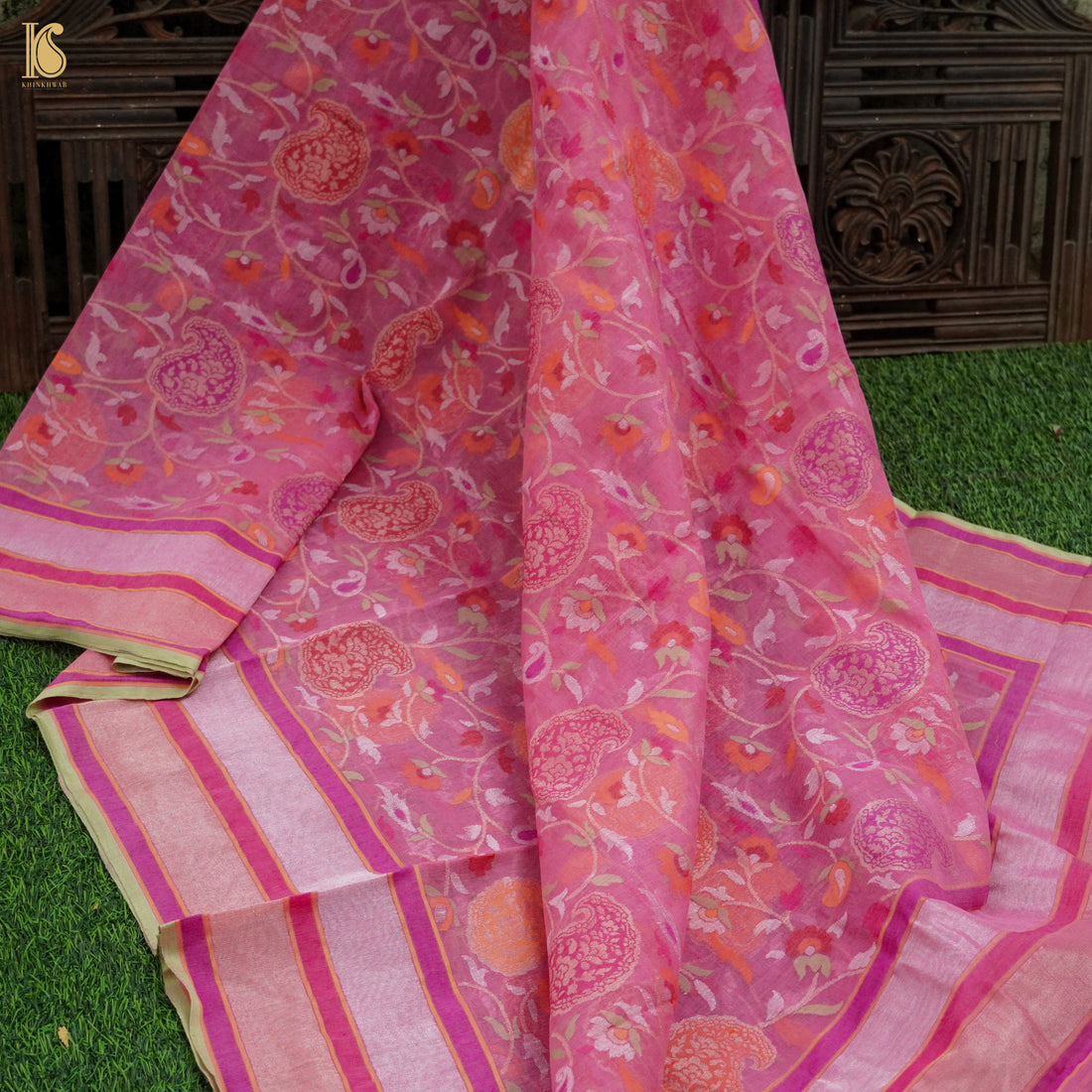 Hopbush Pink Pure Cotton Real Silver Zari Handloom Banarasi Dupatta - Khinkhwab