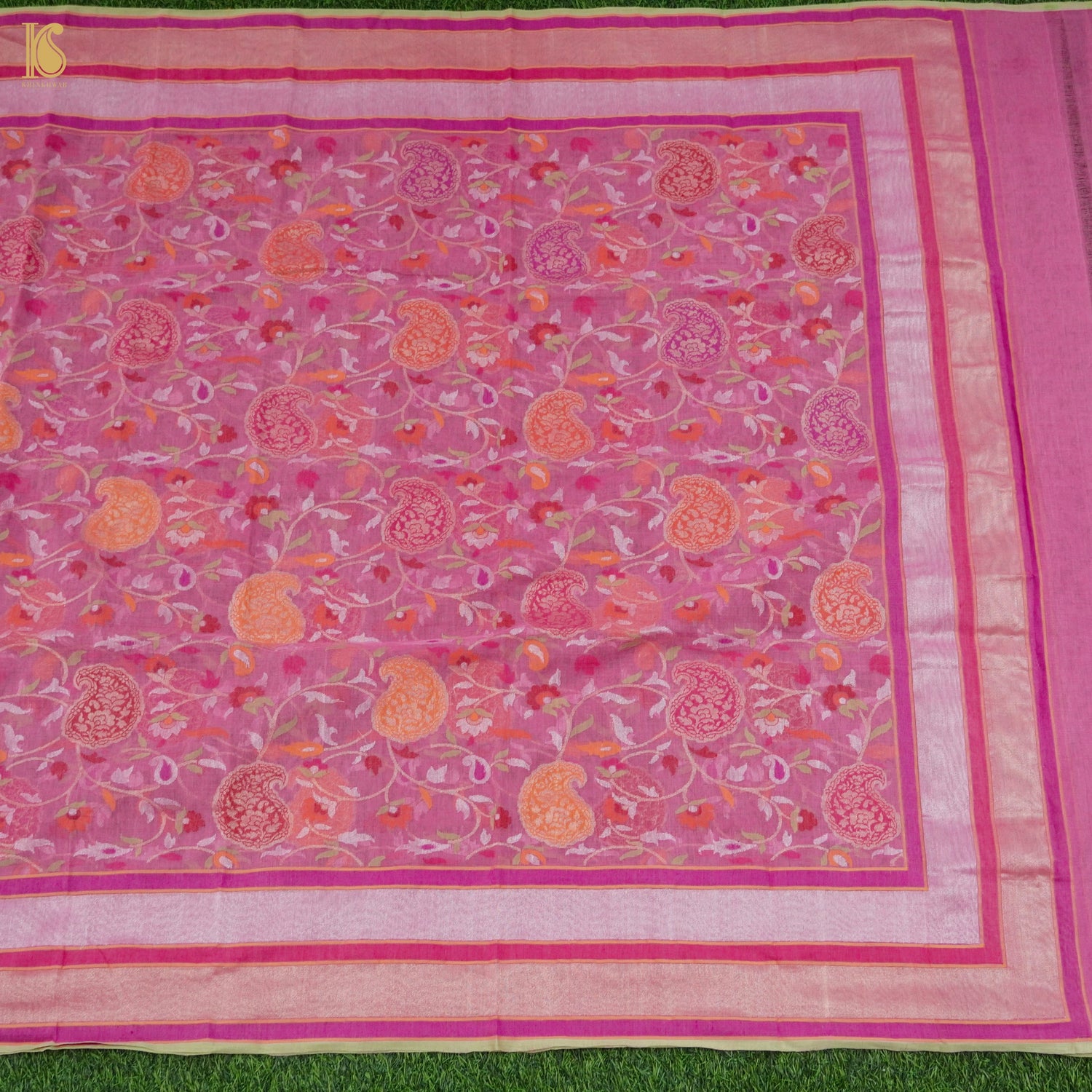 Hopbush Pink Pure Cotton Real Silver Zari Handloom Banarasi Dupatta - Khinkhwab