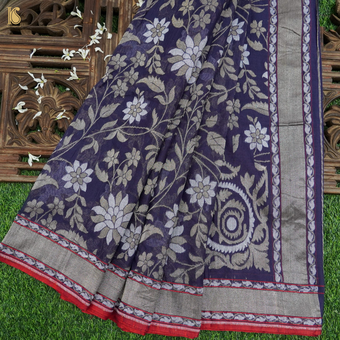 Blue Pure Cotton Handloom Banarasi Jamdani Ektara Saree - Khinkhwab