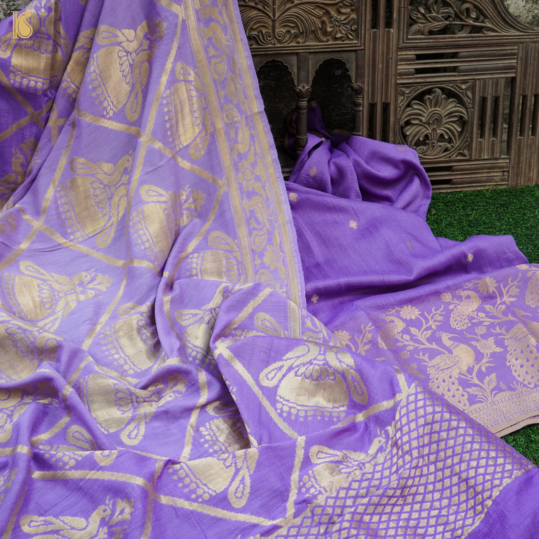Lilac Bush Pure Moonga Silk Handloom Banarasi Suit and Dupatta Set - Khinkhwab