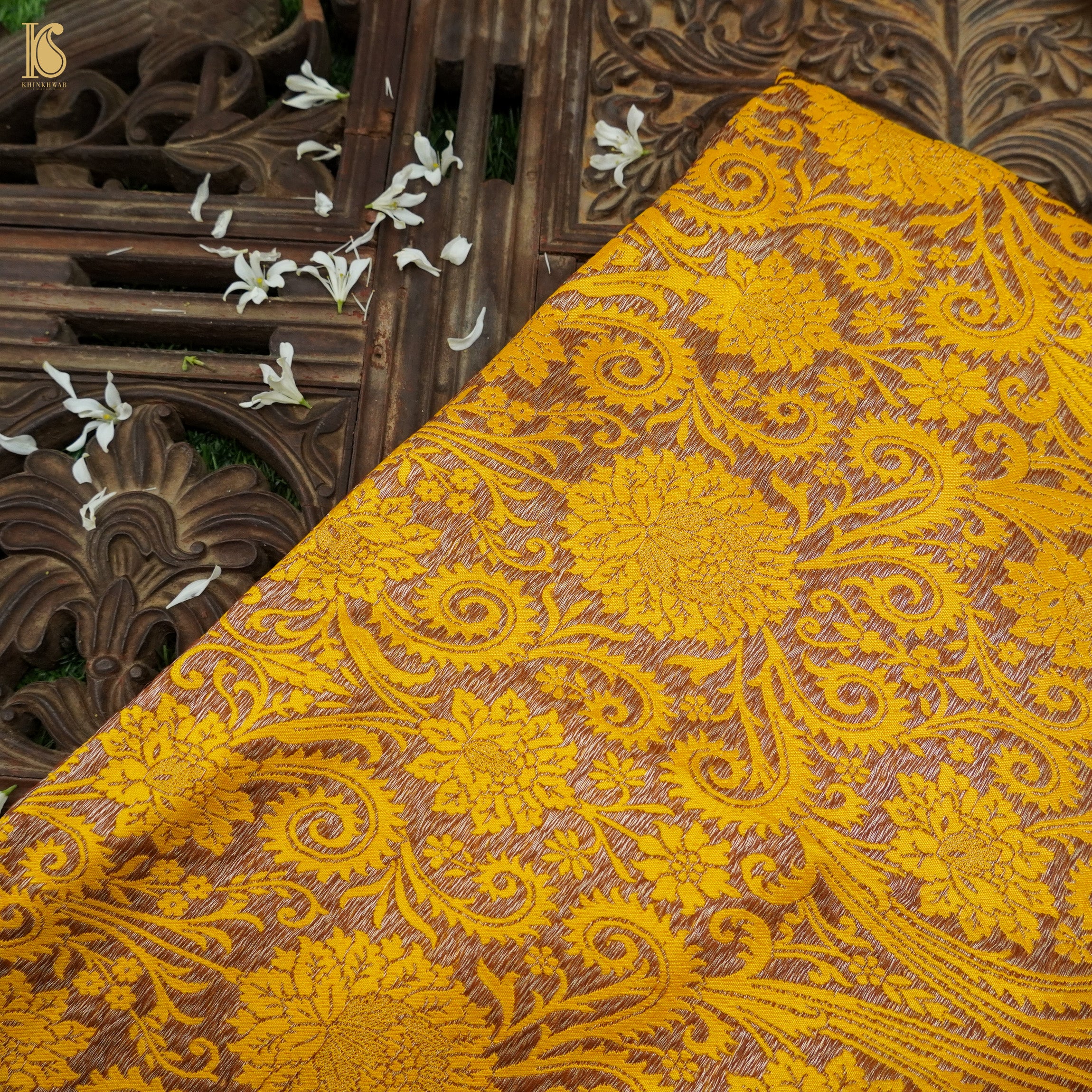 Yellow Pure Kinkhab / Kimkhab Brocade Banarasi Fabric - Khinkhwab