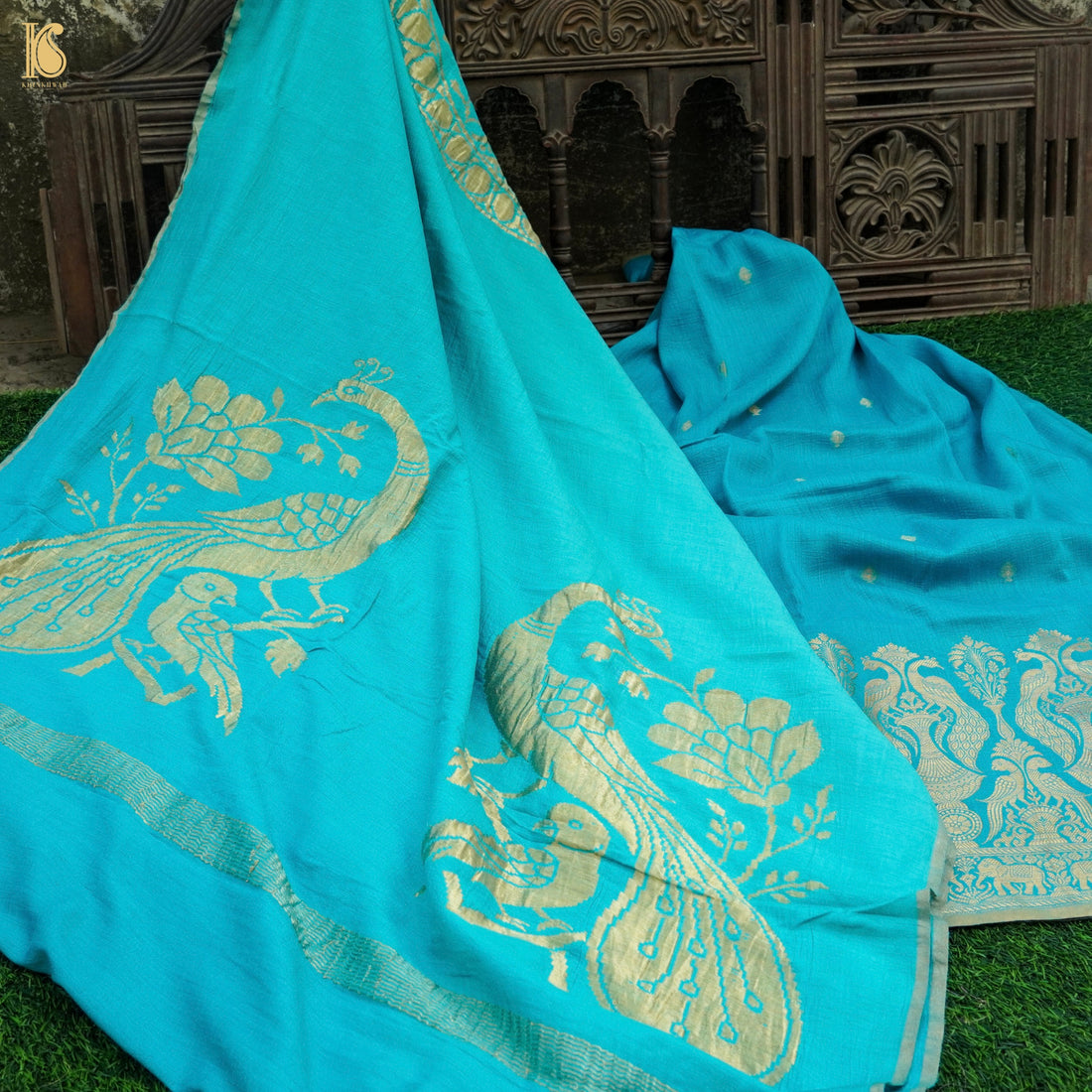 Iris Blue Pure Moonga Silk Handloom Banarasi Suit and Dupatta Set - Khinkhwab