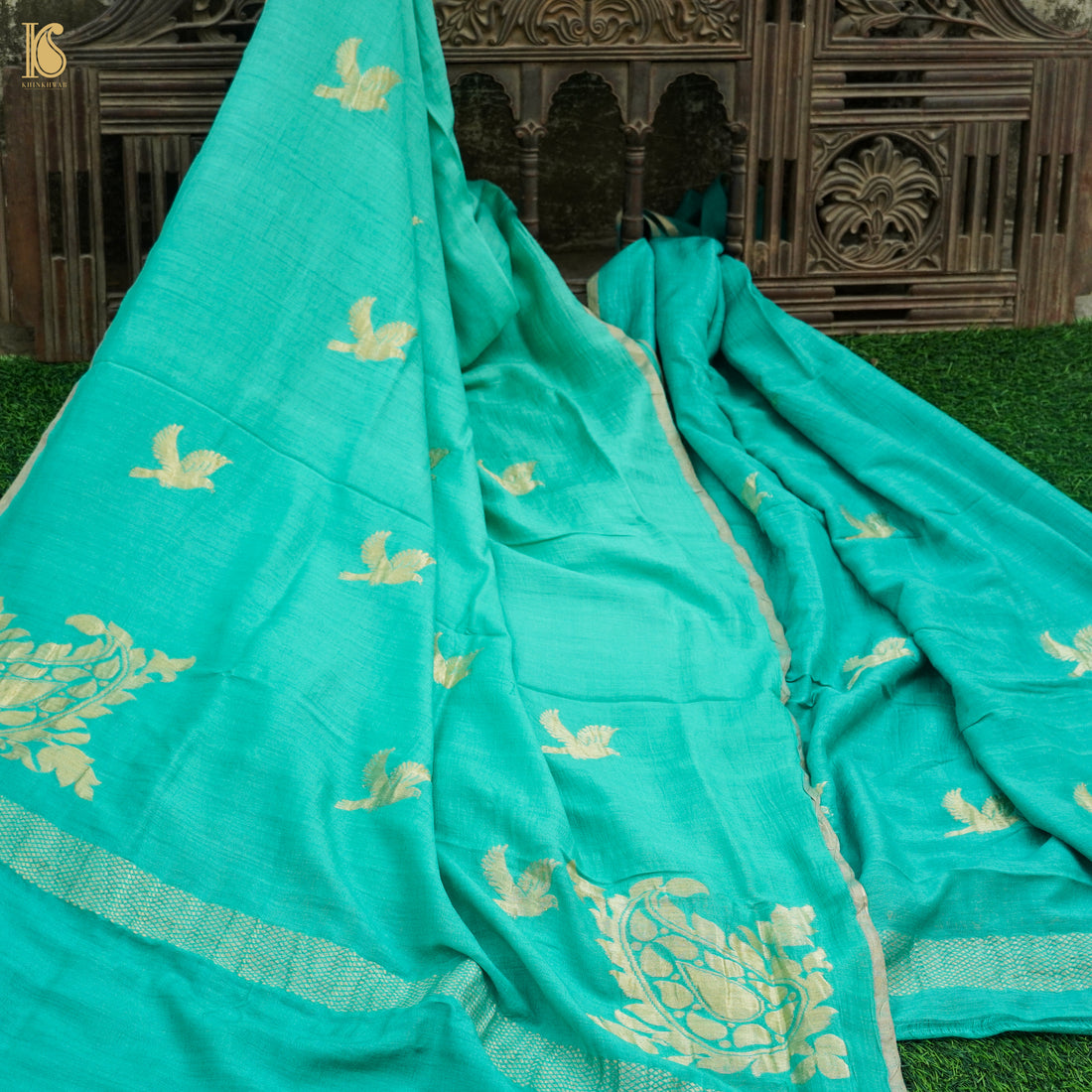 Persian Green Pure Moonga Silk Handloom Banarasi Suit and Dupatta Set - Khinkhwab