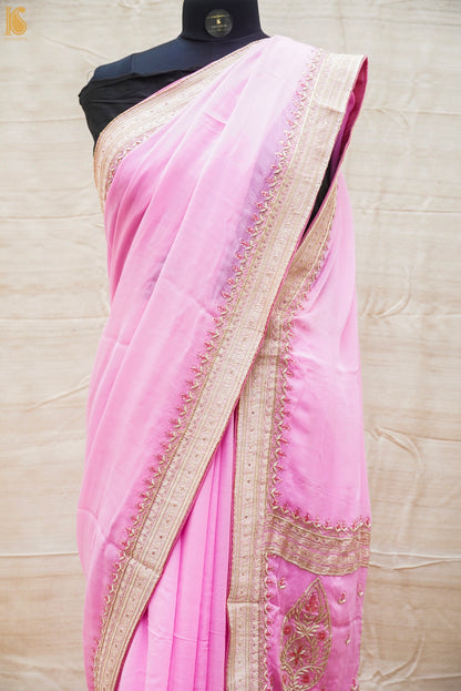 Plum Pink Pure Georgette Banarasi Embroidery Saree - Khinkhwab