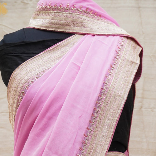 Plum Pink Pure Georgette Banarasi Embroidery Saree - Khinkhwab