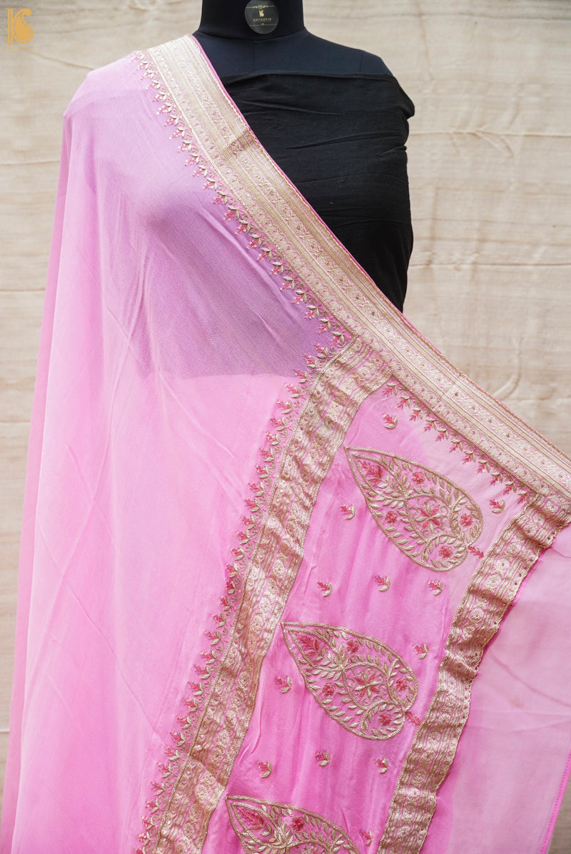 Plum Pink Pure Georgette Banarasi Embroidery Saree - Khinkhwab