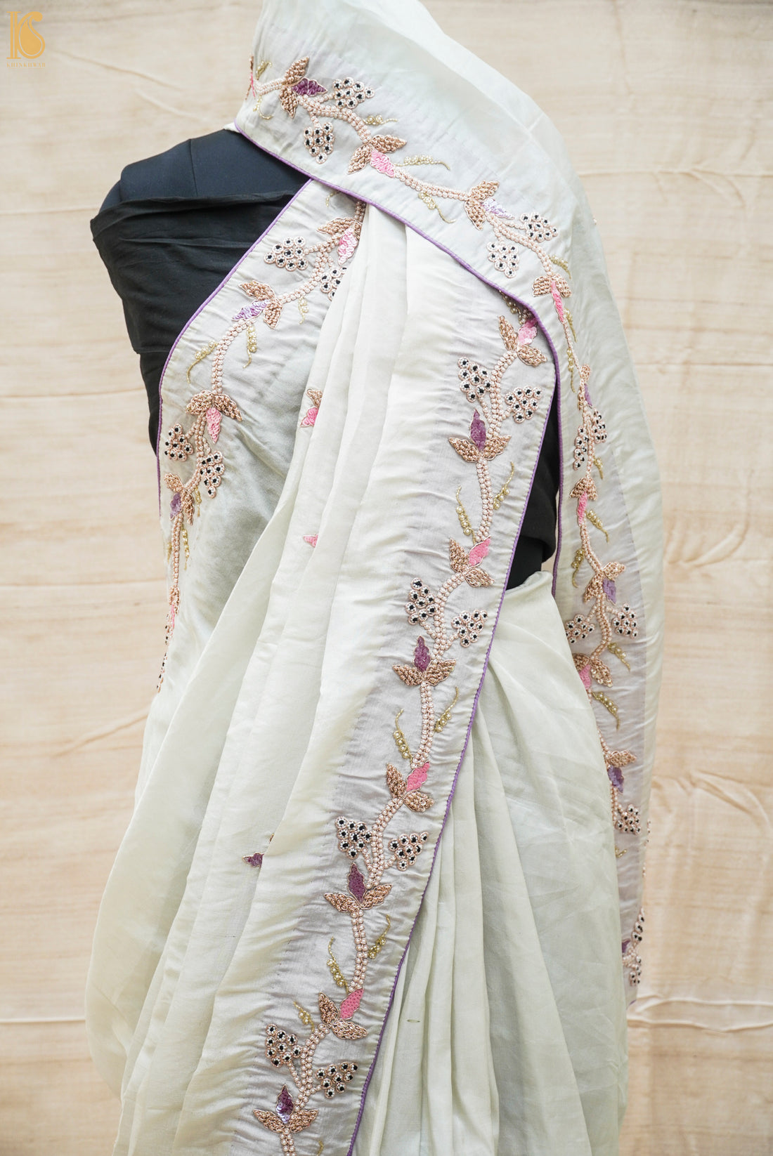 Silver &amp; Purple Pure Fine Tissue Silk Pearl Embroidery Saree - Khinkhwab