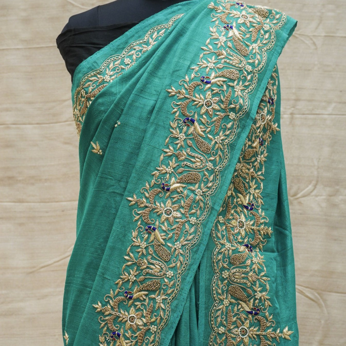 Pacific Blue Handloom Pure Tussar Silk Peacock Zardozi Embroidery Saree - Khinkhwab